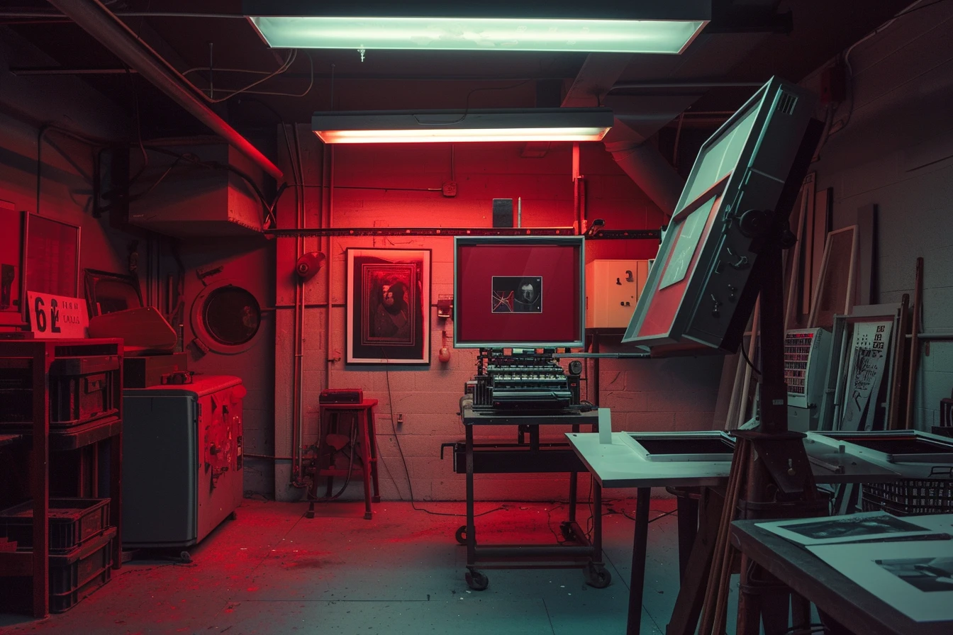 Professionelle Dunkelkammer mit Rotlicht, Vergroesserer und Entwicklungsschalen