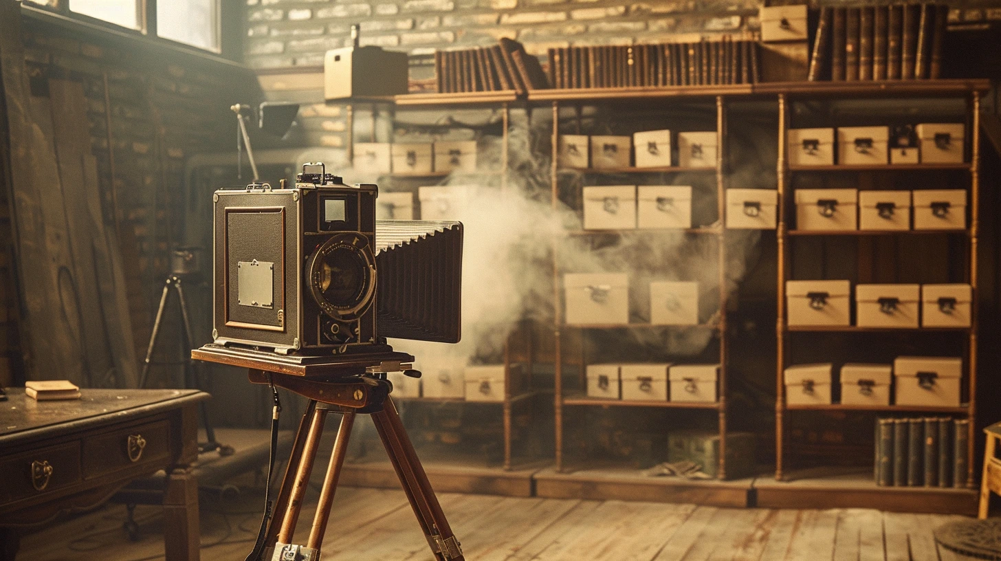 Professionelles Fotostudio mit Grossformatkamera und Archivregalen